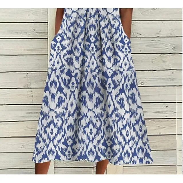 Women’s Casual Dress Shift Dress Midi Dress Blue Short Sleeve Geometric Pocket Spring Summer V Neck Basic Daily Vacation Summer Dress 2023 S M L XL XXL 3XL 3b2af32ec8eea0942e22c59f282f109f