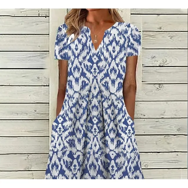 Women’s Casual Dress Shift Dress Midi Dress Blue Short Sleeve Geometric Pocket Spring Summer V Neck Basic Daily Vacation Summer Dress 2023 S M L XL XXL 3XL 4d8cb5c22e7081a4a0203ce7e629b22e