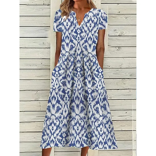 Women's Casual Dress Shift Dress Midi Dress Blue Short Sleeve Geometric Pocket Spring Summer V Neck Basic Daily Vacation Summer Dress 2023 S M L XL XXL 3XL 8106795aec263555fa988f70e798afa3