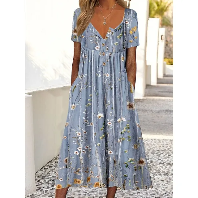Women's Casual Dress Floral Print Print Ruched Crew Neck Midi Dress Casual Daily Vacation Short Sleeve Regular Fit Pink Blue Green Summer Spring S M L XL XXL 33aa53b0127a399d5f16c860bfa1ebe1