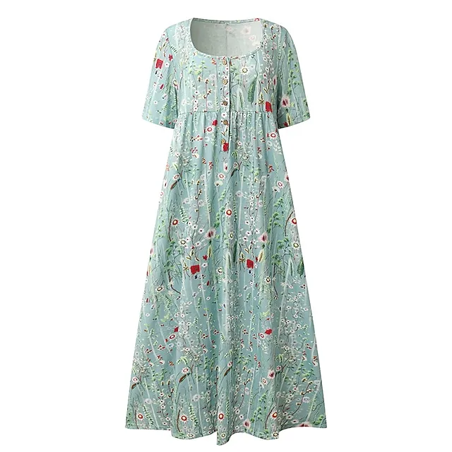 Women’s Casual Dress Floral Print Print Ruched Crew Neck Midi Dress Casual Daily Vacation Short Sleeve Regular Fit Pink Blue Green Summer Spring S M L XL XXL 903b5bcfdd6377a3e4283b3c33bceca9