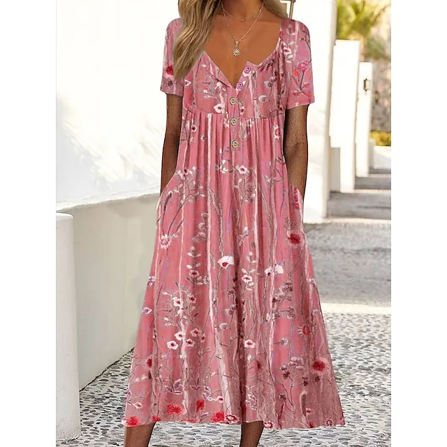 Women’s Casual Dress Floral Print Print Ruched Crew Neck Midi Dress Casual Daily Vacation Short Sleeve Regular Fit Pink Blue Green Summer Spring S M L XL XXL c825f453bb58336978f79621c145f293
