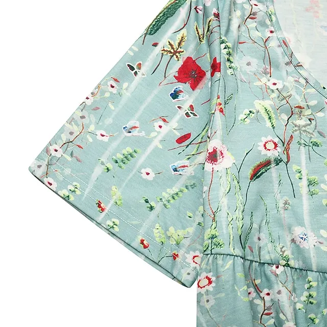 Women’s Casual Dress Floral Print Print Ruched Crew Neck Midi Dress Casual Daily Vacation Short Sleeve Regular Fit Pink Blue Green Summer Spring S M L XL XXL f89e3570897701c426408935940b2279