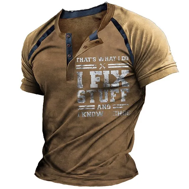 Men’s Henley Shirt T shirt Tee Slogan T Shirts Graphic Color Block Letter Henley Black Army Green Navy Blue Brown Gray 3D Print Street Casual Short Sleeve Button-Down Print Clothing Apparel Basic 2aa3af92cf14f92077dc142f3f4b02d1