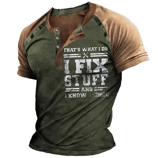 Men’s Henley Shirt T shirt Tee Slogan T Shirts Graphic Color Block Letter Henley Black Army Green Navy Blue Brown Gray 3D Print Street Casual Short Sleeve Button-Down Print Clothing Apparel Basic 44eb32304f77625fa1ccfee51c615f0d