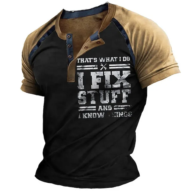 Men's Henley Shirt T shirt Tee Slogan T Shirts Graphic Color Block Letter Henley Black Army Green Navy Blue Brown Gray 3D Print Street Casual Short Sleeve Button-Down Print Clothing Apparel Basic 81368d6073710cc26658771fb9a47028