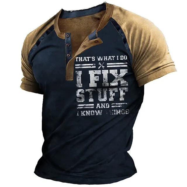 Men’s Henley Shirt T shirt Tee Slogan T Shirts Graphic Color Block Letter Henley Black Army Green Navy Blue Brown Gray 3D Print Street Casual Short Sleeve Button-Down Print Clothing Apparel Basic 92601507ed3e30a38343cd9f092422ea