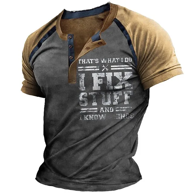 Men’s Henley Shirt T shirt Tee Slogan T Shirts Graphic Color Block Letter Henley Black Army Green Navy Blue Brown Gray 3D Print Street Casual Short Sleeve Button-Down Print Clothing Apparel Basic cd383bd91345527de00130ec10740d6a