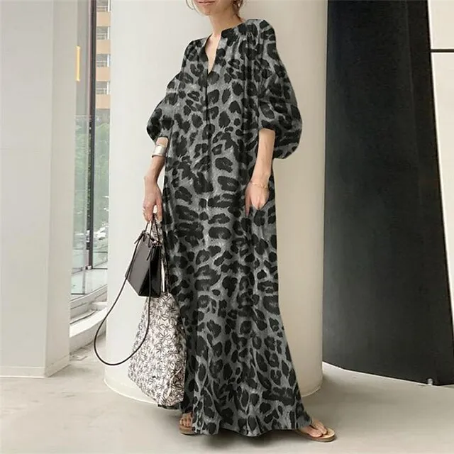Women’s Casual Dress Shift Dress Long Dress Maxi Dress Black Yellow Brown Half Sleeve Leopard Pocket Summer Spring V Neck Fashion Loose Fit 2023 S M L XL 2XL 3XL 4XL 5188cfcabff3718dea563028b54d9e06
