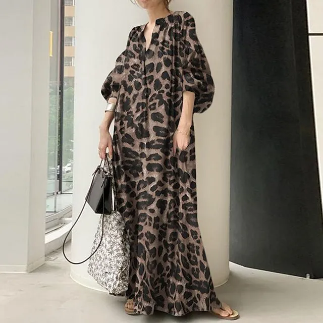 Women's Casual Dress Shift Dress Long Dress Maxi Dress Black Yellow Brown Half Sleeve Leopard Pocket Summer Spring V Neck Fashion Loose Fit S M L XL 2XL 3XL 4XL