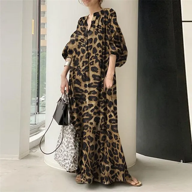 Women’s Casual Dress Shift Dress Long Dress Maxi Dress Black Yellow Brown Half Sleeve Leopard Pocket Summer Spring V Neck Fashion Loose Fit 2023 S M L XL 2XL 3XL 4XL b982ad3758e4c6fcf24f7914838efccd