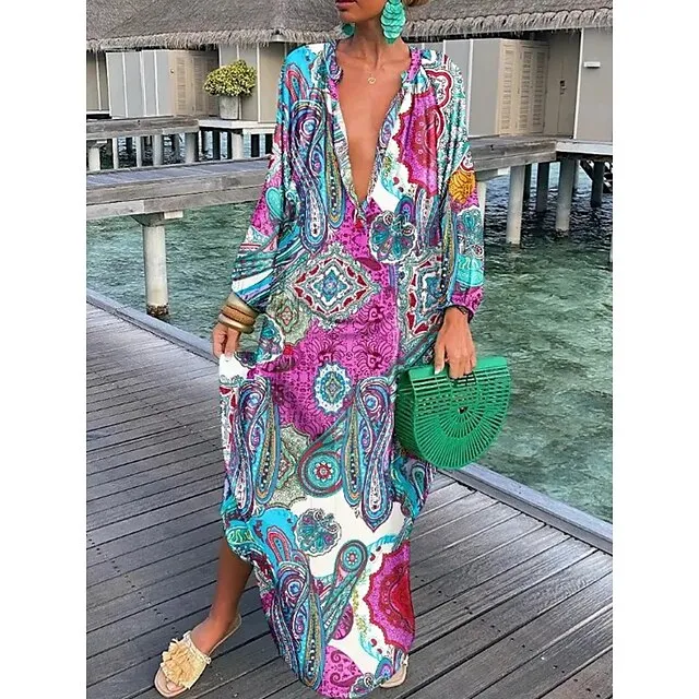 Women's Shift Dress Long Dress Maxi Dress Rainbow Long Sleeve Ruched Winter Fall V Neck Modern Winter Dress Weekend Fall Dress 2023 S M L XL 66bc42903b4c033314b16e4cbcaee61b