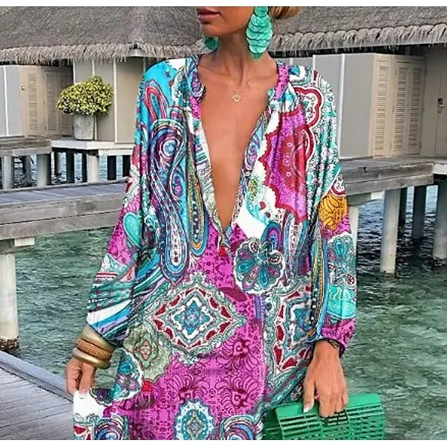 Women’s Shift Dress Long Dress Maxi Dress Rainbow Long Sleeve Ruched Winter Fall V Neck Modern Winter Dress Weekend Fall Dress 2023 S M L XL 8cd3a12d4323d965f2884d50861021e7
