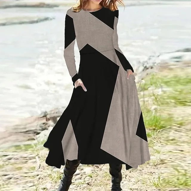 Women’s Casual Dress Swing Dress Long Dress Maxi Dress Black Red Khaki Long Sleeve Geometric Pocket Spring Fall Winter Crew Neck Fashion Winter Dress Vacation Fall Dress 2023 S M L XL XXL 3XL 1306b81db31da5239b6dc41bc769307f