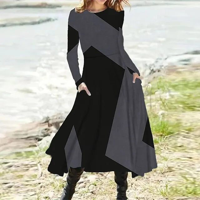 Women’s Casual Dress Swing Dress Long Dress Maxi Dress Black Red Khaki Long Sleeve Geometric Pocket Spring Fall Winter Crew Neck Fashion Winter Dress Vacation Fall Dress 2023 S M L XL XXL 3XL 19aa2a63c2f7016291bad7cf0a05b0ba