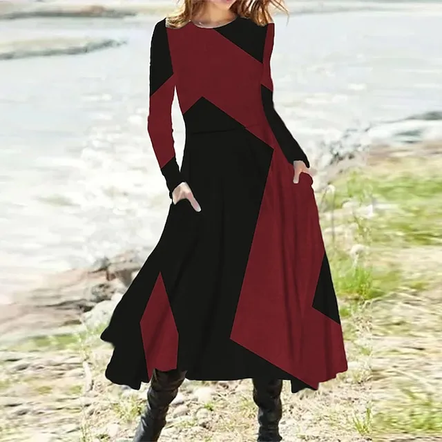 Women’s Casual Dress Swing Dress Long Dress Maxi Dress Black Red Khaki Long Sleeve Geometric Pocket Spring Fall Winter Crew Neck Fashion Winter Dress Vacation Fall Dress 2023 S M L XL XXL 3XL 31ae6fbb1c68196190e4ea3a848f93fb