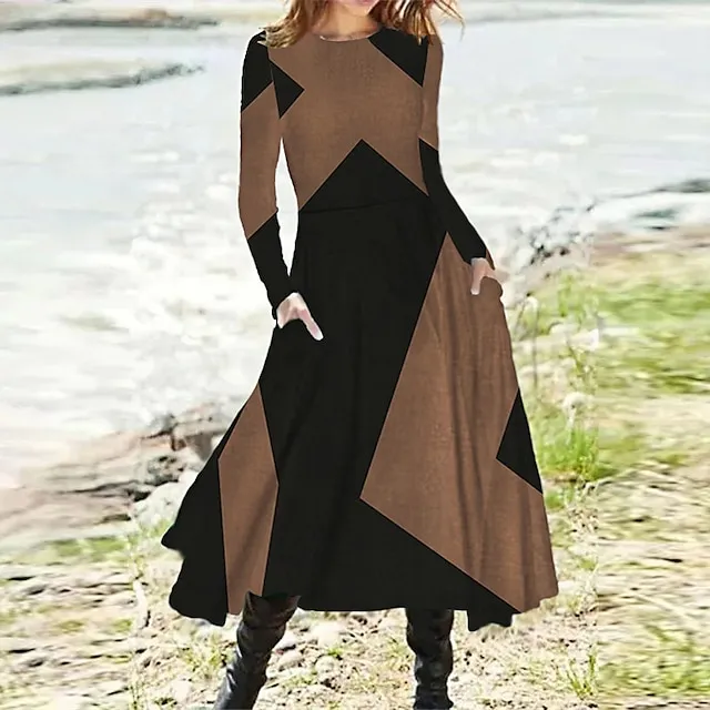 Women's Casual Dress Swing Dress Long Dress Maxi Dress Black Red Khaki Long Sleeve Geometric Pocket Spring Fall Winter Crew Neck Fashion Winter Dress Vacation Fall Dress 2023 S M L XL XXL 3XL e54cd023abffaa3128064ad990b05d30