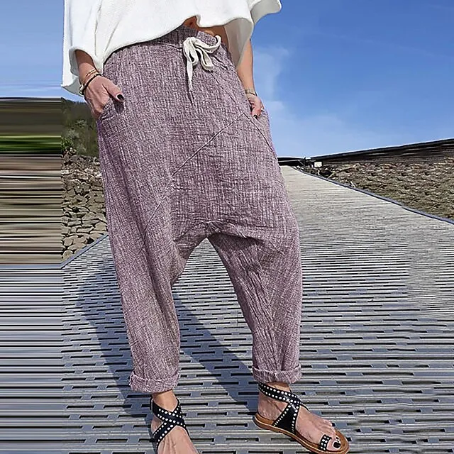Women’s Harem Pants Cotton Blend Plain Side Pockets Baggy Full Length Micro-elastic Fashion Casual Weekend Pink Purple S M d158595943ac95a5cf0da5cf298f8761