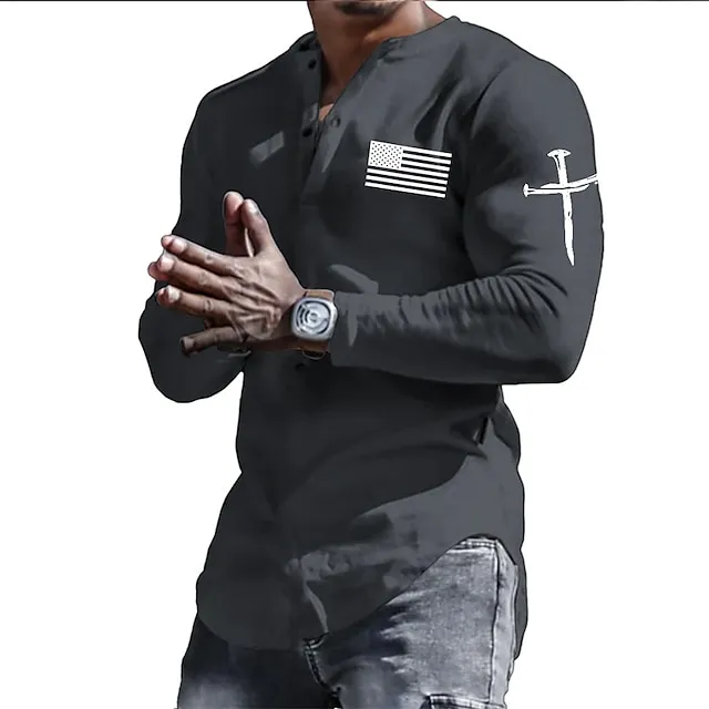 Men’s Henley Shirt Cool Shirt Long Sleeve Shirt Graphic Prints National Flag Henley Hot Stamping Street Sports Long Sleeve Print Button-Down Clothing Apparel Designer Casual Comfortable 17bfae0b36e792776748f83bed720eae