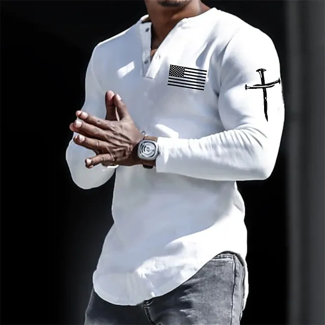 Men's Henley Shirt Cool Shirt Long Sleeve Shirt Graphic Prints National Flag Henley Hot Stamping Street Sports Long Sleeve Print Button-Down Clothing Apparel Designer Casual Comfortable 39793b2393e850101170808db45f0907