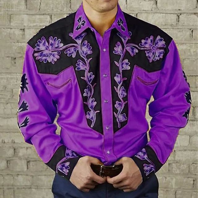 Men’s Shirt Western Shirt Floral Graphic Prints Turndown Yellow Red Purple Green Blue+Blue 3D Print Outdoor Street Long Sleeve Print Button-Down Clothing Apparel Fashion Designer Casual Soft 797ccfec2513c590df3f5e725ec31829