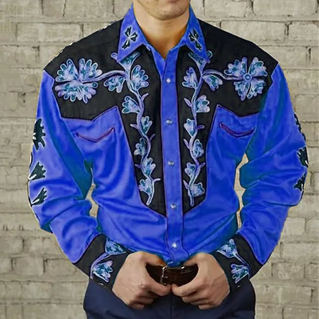 Men’s Shirt Western Shirt Floral Graphic Prints Turndown Yellow Red Purple Green Blue+Blue 3D Print Outdoor Street Long Sleeve Print Button-Down Clothing Apparel Fashion Designer Casual Soft b2e45c56349de261debf4aac0251c230