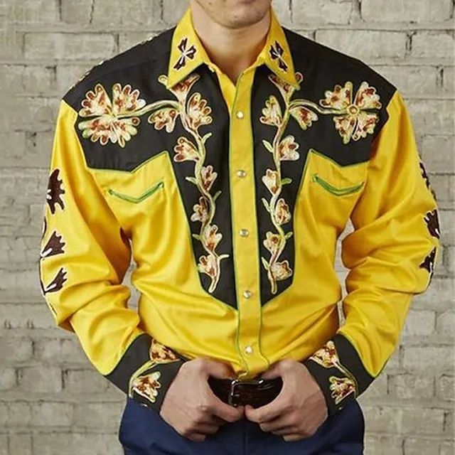 Men's Shirt Western Shirt Floral Graphic Prints Turndown Yellow Red Purple Green Blue+Blue 3D Print Outdoor Street Long Sleeve Print Button-Down Clothing Apparel Fashion Designer Casual Soft fe39d1dd26e572aea8b030560e309e58