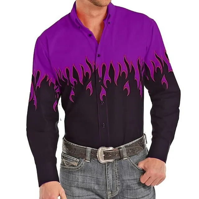 Men’s Shirt Western Shirt Graphic Prints Flame Turndown Red Purple Brown Green Blue+Blue 3D Print Outdoor Street Long Sleeve Print Button-Down Clothing Apparel Fashion Designer Casual Soft 13bd5b84cd4838f31a322baab4e3a96c