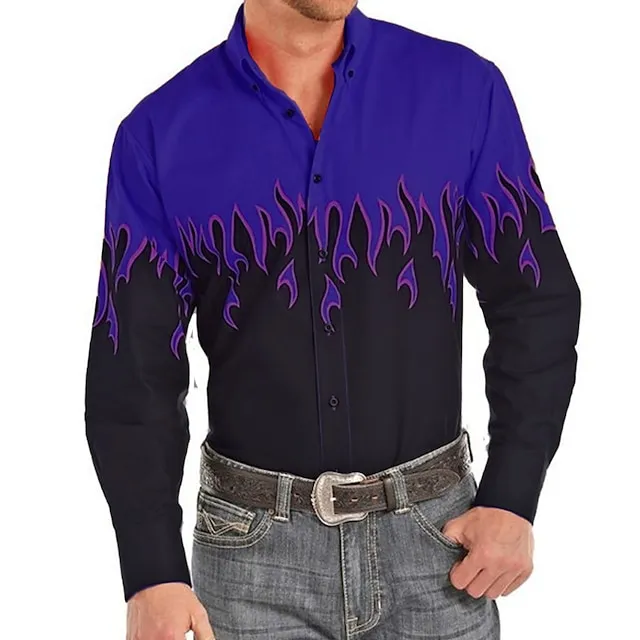 Men’s Shirt Western Shirt Graphic Prints Flame Turndown Red Purple Brown Green Blue+Blue 3D Print Outdoor Street Long Sleeve Print Button-Down Clothing Apparel Fashion Designer Casual Soft 19c9ec3919698d19d239e75f1cd6ef67