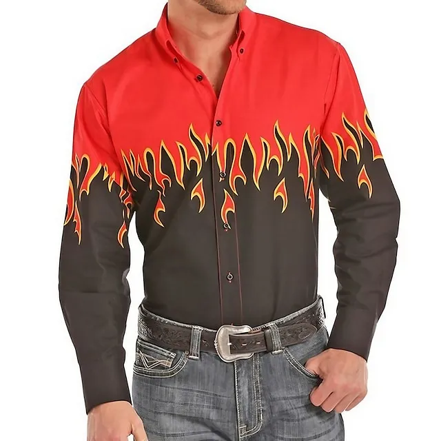Men's Shirt Western Shirt Graphic Prints Flame Turndown Red Purple Brown Green Blue+Blue 3D Print Outdoor Street Long Sleeve Print Button-Down Clothing Apparel Fashion Designer Casual Soft 6d52bc7ed797687fe6e27af39f55df06
