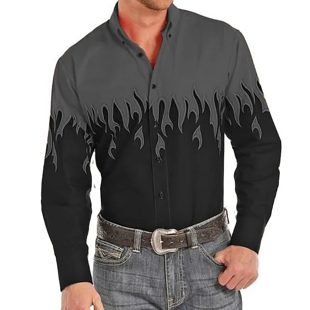Men’s Shirt Western Shirt Graphic Prints Flame Turndown Red Purple Brown Green Blue+Blue 3D Print Outdoor Street Long Sleeve Print Button-Down Clothing Apparel Fashion Designer Casual Soft 91cb1118811127521eb6c0a135cc97b2