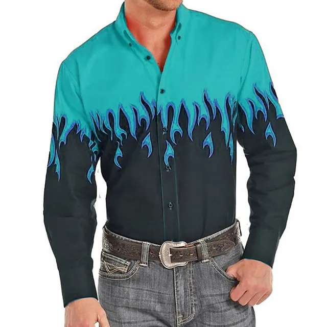 Men’s Shirt Western Shirt Graphic Prints Flame Turndown Red Purple Brown Green Blue+Blue 3D Print Outdoor Street Long Sleeve Print Button-Down Clothing Apparel Fashion Designer Casual Soft c1db9264d3c1457f35e482efc241f399