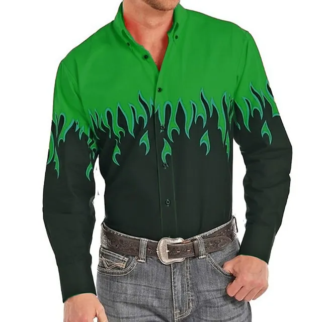 Men’s Shirt Western Shirt Graphic Prints Flame Turndown Red Purple Brown Green Blue+Blue 3D Print Outdoor Street Long Sleeve Print Button-Down Clothing Apparel Fashion Designer Casual Soft ed46d258f0e8abf37ff7812ce80103d2