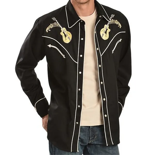 Men's Shirt Western Shirt Graphic Prints Guitar Turndown Black Black / Green Light Green Black / Purple Black / Red 3D Print Outdoor Street Long Sleeve Button-Down Print Clothing Apparel Fashion 91e0ff40f78fa182e4d228506bdaa266