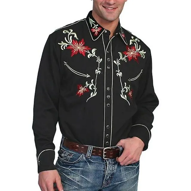 Men’s Shirt Western Shirt Floral Graphic Prints Turndown Black Black / Green Black / Purple Black / Red Red 3D Print Outdoor Street Long Sleeve Print Button-Down Clothing Apparel Fashion Designer 701205726edda85450e66d46ddf38a28