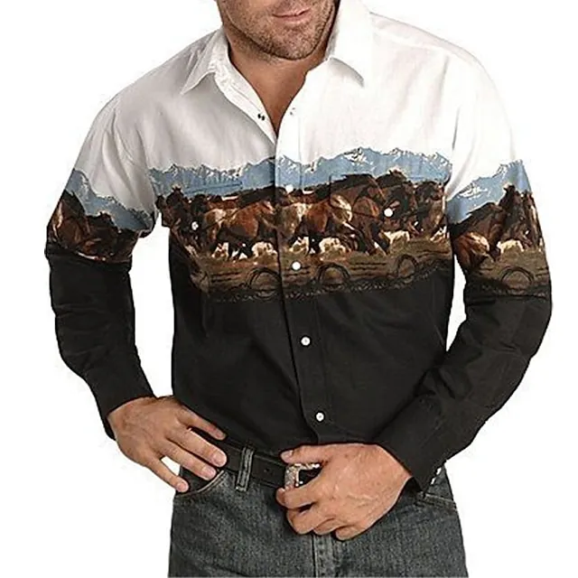 Men's Shirt Western Shirt Animal Horse Graphic Prints Turndown Black White Black / Green Light Green Black / Brown 3D Print Outdoor Street Long Sleeve Print Button-Down Clothing Apparel Fashion 79e8fb9fcd68a2480acc2e11d40b1a8f