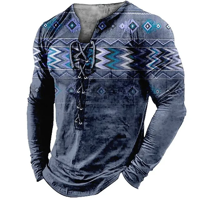Mens Graphic Shirt Tee Collar Green Blue Coffee Gray 3D Print Outdoor Street Long Sleeve Lace Up Clothing Apparel Boho Designer Casual Native American Cotton 04bbd2d98c3cf7e9d2a526dd671b225f