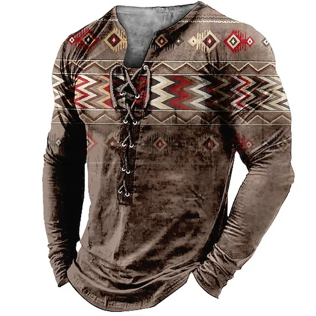 Mens Graphic Shirt Tee Collar Green Blue Coffee Gray 3D Print Outdoor Street Long Sleeve Lace Up Clothing Apparel Boho Designer Casual Native American Cotton 43cd61d4873776e6167d891bb3cee4e3