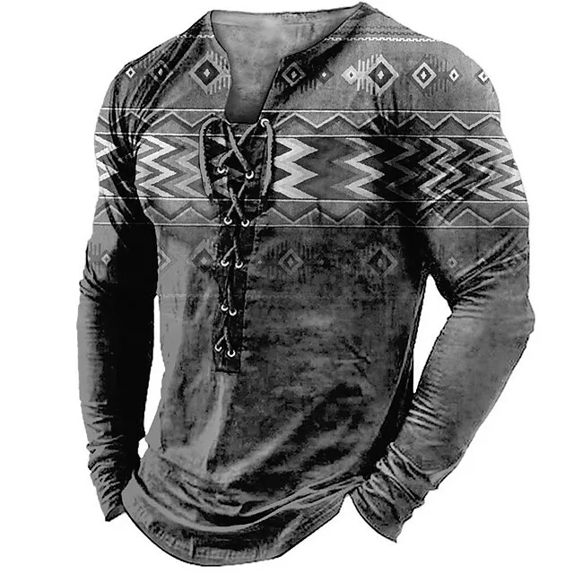 Mens Graphic Shirt Tee Collar Green Blue Coffee Gray 3D Print Outdoor Street Long Sleeve Lace Up Clothing Apparel Boho Designer Casual Native American Cotton 55ecb33fc74dd81d8eca472316e10b29