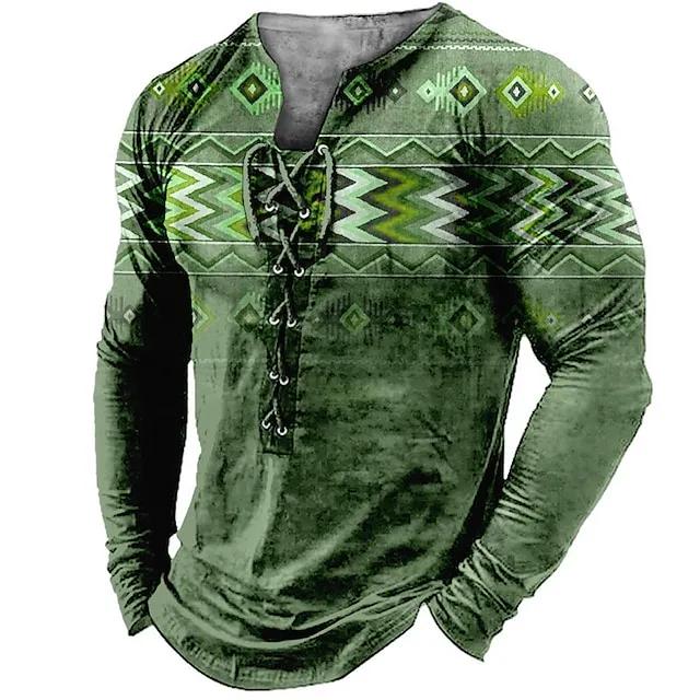 Mens Graphic Shirt Tee Collar Green Blue Coffee Gray 3D Print Outdoor Street Long Sleeve Lace Up Clothing Apparel Boho Designer Casual Native American Cotton 6b59031cb7cd2cb47446db18d27998a5