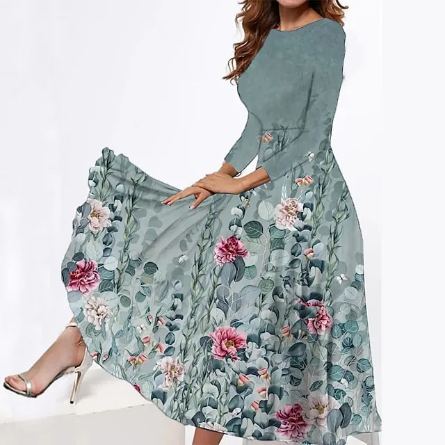 Women’s Casual Dress Swing Dress Floral Dress Midi Dress Blue Green Grey Long Sleeve Flower Pocket Spring Fall Winter Crew Neck Fashion 2023 S M L XL XXL 3XL 6998b471e77686c8fb3c19e59cfd89f3