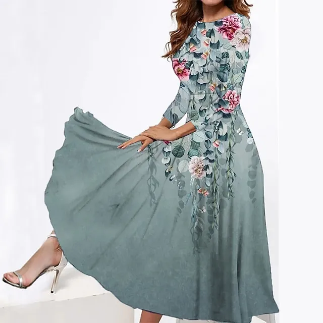 Women's Casual Dress Swing Dress Floral Dress Midi Dress Blue Green Grey Long Sleeve Flower Pocket Spring Fall Winter Crew Neck Fashion S M L XL XXL 3XL