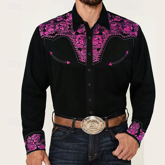 Men’s Shirt Western Shirt Floral Graphic Prints Turndown Red Blue Purple Green Gray Outdoor Street Long Sleeve Print Button-Down Clothing Apparel Fashion Designer Casual Soft 2582b251abfb901e6ef7222340ca33a3