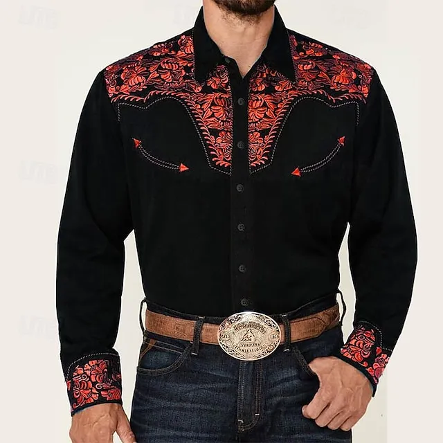 Men’s Shirt Western Shirt Floral Graphic Prints Turndown Red Blue Purple Green Gray Outdoor Street Long Sleeve Print Button-Down Clothing Apparel Fashion Designer Casual Soft 4389f8bce36af9bb22518e0997d7a5d4