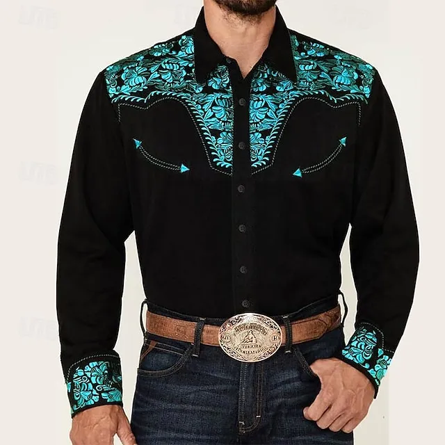Men's Shirt Western Shirt Floral Graphic Prints Turndown Red Blue Purple Green Gray Outdoor Street Long Sleeve Print Button-Down Clothing Apparel Fashion Designer Casual Soft 4f0724d6cadf8b893e601768cce90d0a