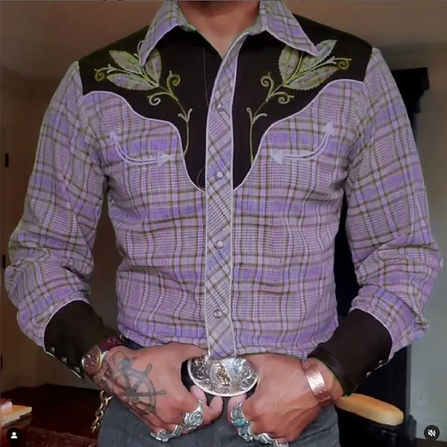 Men’s Shirt Western Shirt Plaid Graphic Prints Turndown Blue Purple Green Khaki Outdoor Street Long Sleeve Button-Down Print Clothing Apparel Fashion Designer Casual Soft 1d380fad3ee51116c8edfa86e4811f67