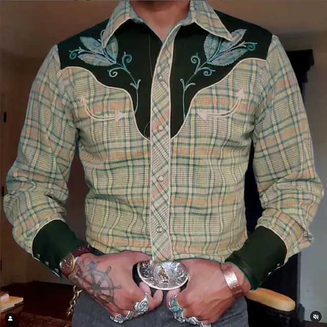 Men’s Shirt Western Shirt Plaid Graphic Prints Turndown Blue Purple Green Khaki Outdoor Street Long Sleeve Button-Down Print Clothing Apparel Fashion Designer Casual Soft 4a2f44ac51c8dabf42836522d945696e