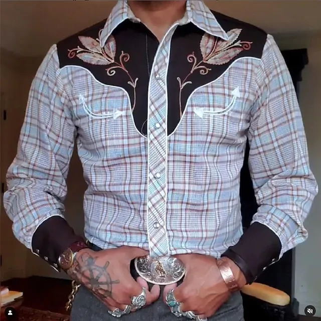 Men's Shirt Western Shirt Plaid Graphic Prints Turndown Blue Purple Green Khaki Outdoor Street Long Sleeve Button-Down Print Clothing Apparel Fashion Designer Casual Soft 92f70bc4d7cff6d2d2be68f8bcd5a7fb