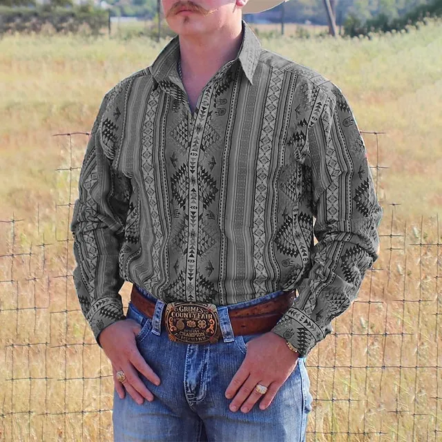 Men’s Shirt Western Shirt Graphic Prints Vintage Geometry Turndown Yellow Blue Purple Green Gray Outdoor Street Long Sleeve Print Button-Down Clothing Apparel Fashion Designer Casual Soft 315e4ae596f57748c9cf474dfdfe0525