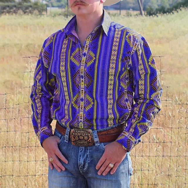 Men’s Shirt Western Shirt Graphic Prints Vintage Geometry Turndown Yellow Blue Purple Green Gray Outdoor Street Long Sleeve Print Button-Down Clothing Apparel Fashion Designer Casual Soft 33f7b5098cb3cb2fb87084d02fd2fb2b
